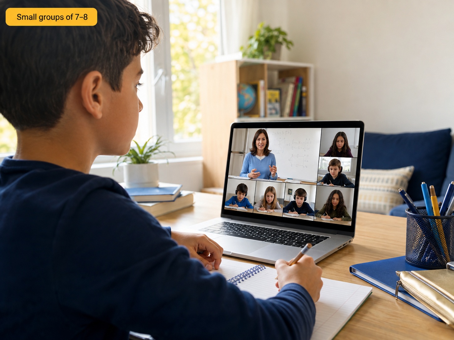Inside a small online Math Olympiad class — a student at a laptop with a specialist teacher