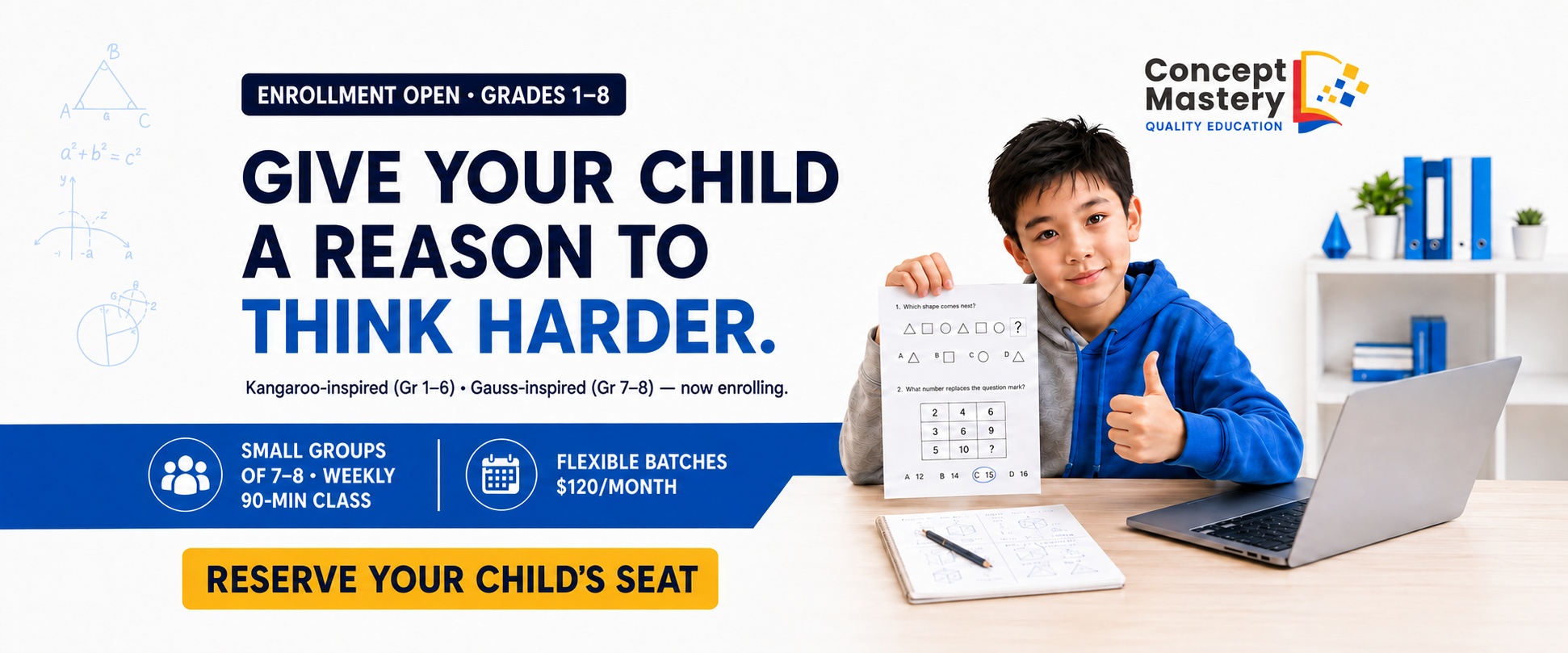 Concept Mastery Math Olympiad — Grades 1–8, enrollment open. Book a free assessment.