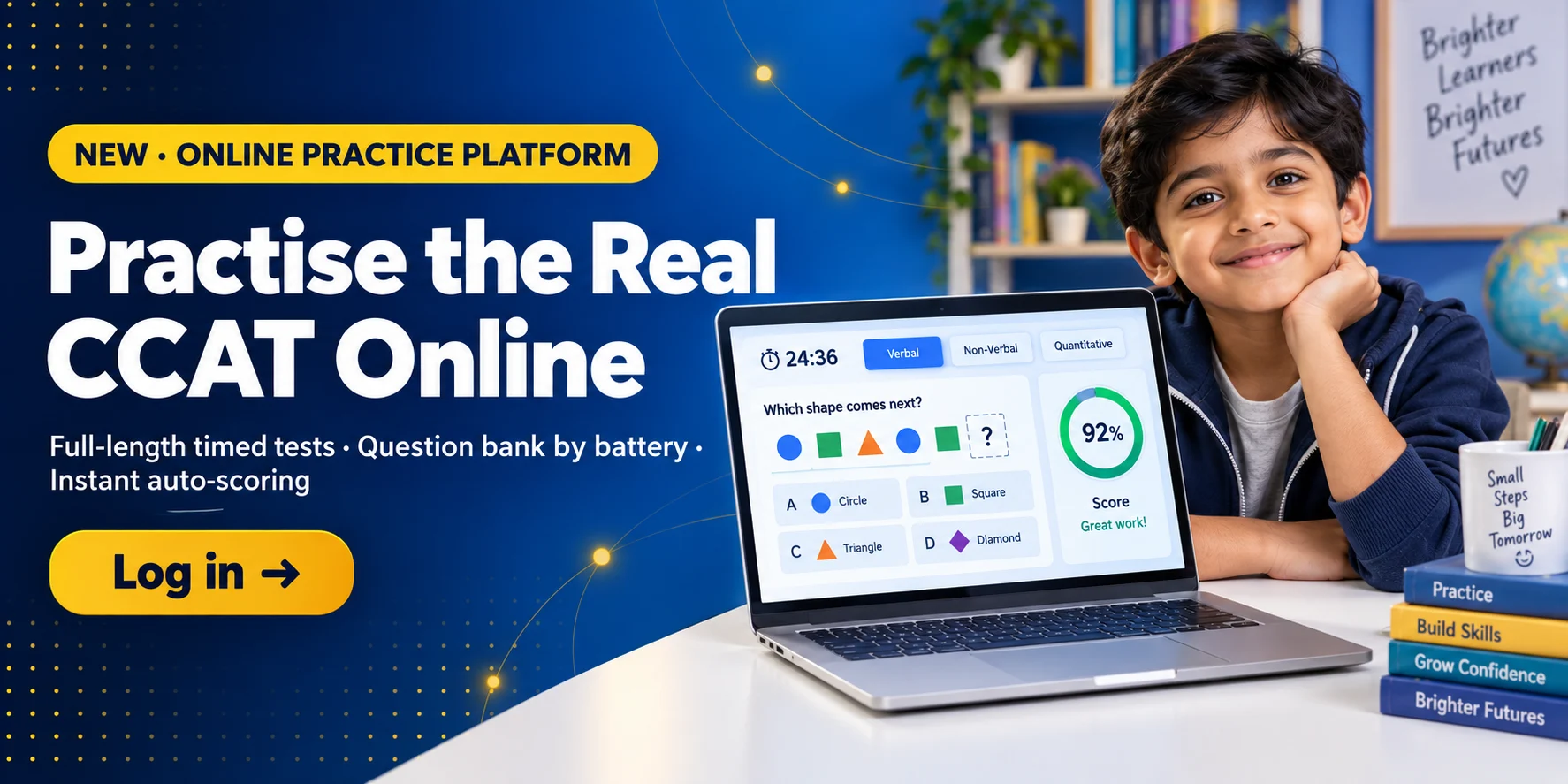 Concept Mastery CCAT Practice — practise the real CCAT online: full-length timed tests, question bank by battery, instant auto-scoring. Log in.
